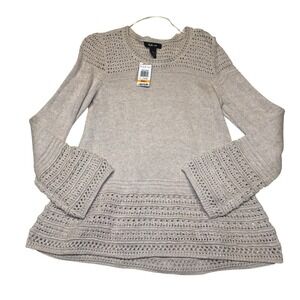 NWT Style & Co Womens Crochet Trim Cotton Knit Sweater Natural Oatmeal Small